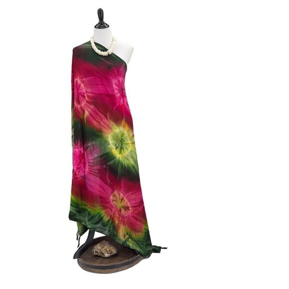 Pink Green Yellow Tye Dye MAXI SARONG Kīkepa Pareo Beach Wrap Skirt - Picture 4 of 4
